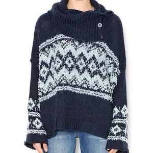 Free People M Blue Fair Isle Wool Blend Chunky Knit Oversized Split Neck Sweater